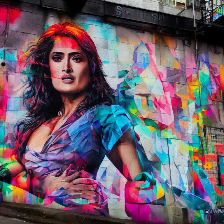 Prompt: Street-art mid-short portrait of Salma Hayek in style of Eduardo Kobra, photorealism, Sony a7R