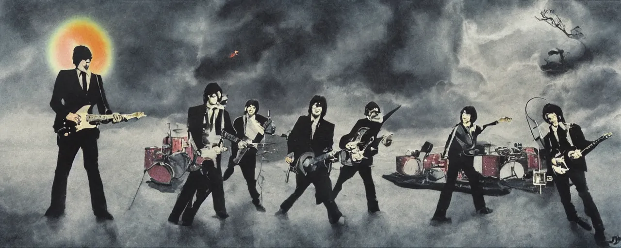 Prompt: the band pink floyd duel against the beatles senior artist, fantasy art, matte painting, storybook illustration