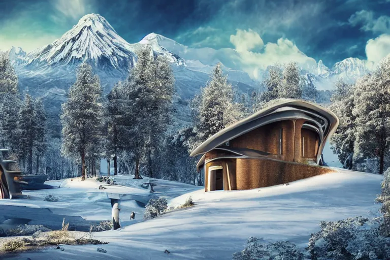 Prompt: futuristic cottage settlement with in the forest with Elbrus mountain covered by snow on the background, architecture, matte painting, high details