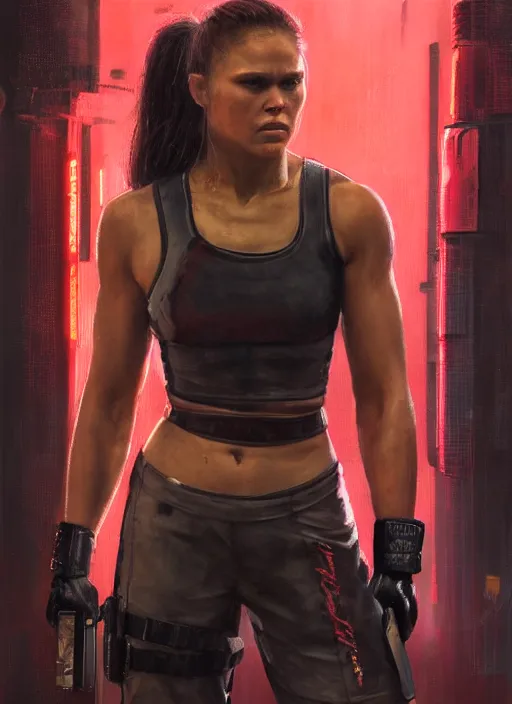 Image similar to ronda rousey teaches self defense. cyberpunk mercenary in a cyberpunk jumpsuit ( blade runner 2 0 4 9, cyberpunk 2 0 7 7 ). orientalist portrait by john william waterhouse and james gurney and theodore ralli and nasreddine dinet, oil on canvas. cinematic, hyper realism, realistic proportions, dramatic lighting, high detail 4 k