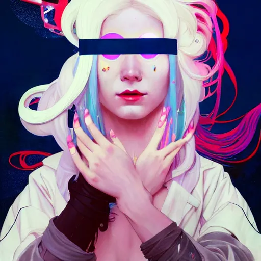 Prompt: a beautiful painting of a cyberpunk white hair blindfolded girl by sachin teng and pascal blanche and alphonse mucha! and nekro and josan gonzalez. in style of conceptual art. colorful comic, film noirs, brush stroke, vibrating colors, hyper detailed. octane render. trending on artstation