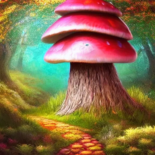 Image similar to Surreal hut in a fantasy forest, colorful mushrooms, artstation, award-winning!!!