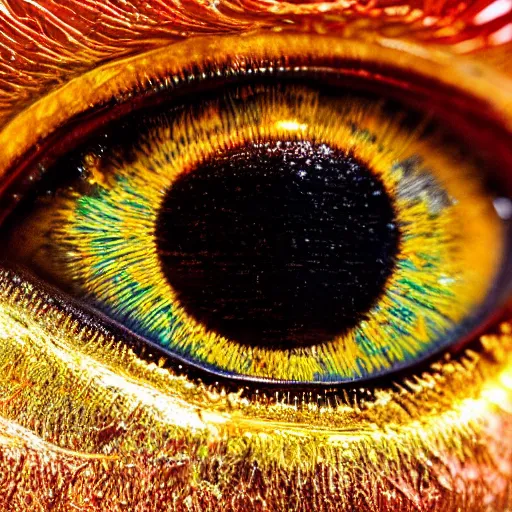 Image similar to a extremely detailed close up picture of an eye, it is made of gold powder, beautiful, colorful, macro photography