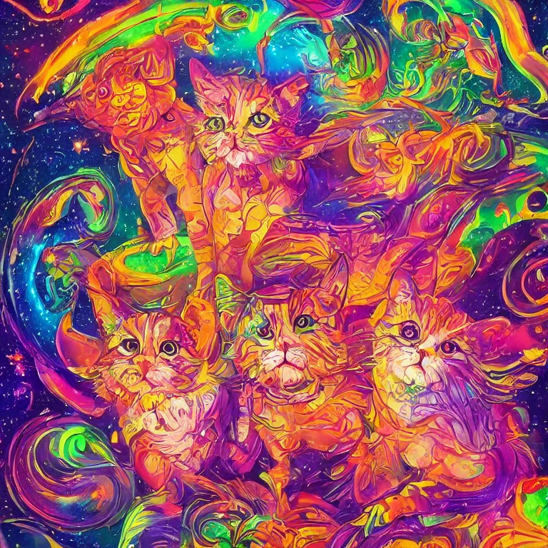 Image similar to smooth detailed art of Rainbow kittens in space, psychedelic DMT art, well lit, digital art, expressive beautiful, award winning, high quality, key visual, 4k hd, sharp, backlit, gorgeous lighting, painted by Pablo Amaringo