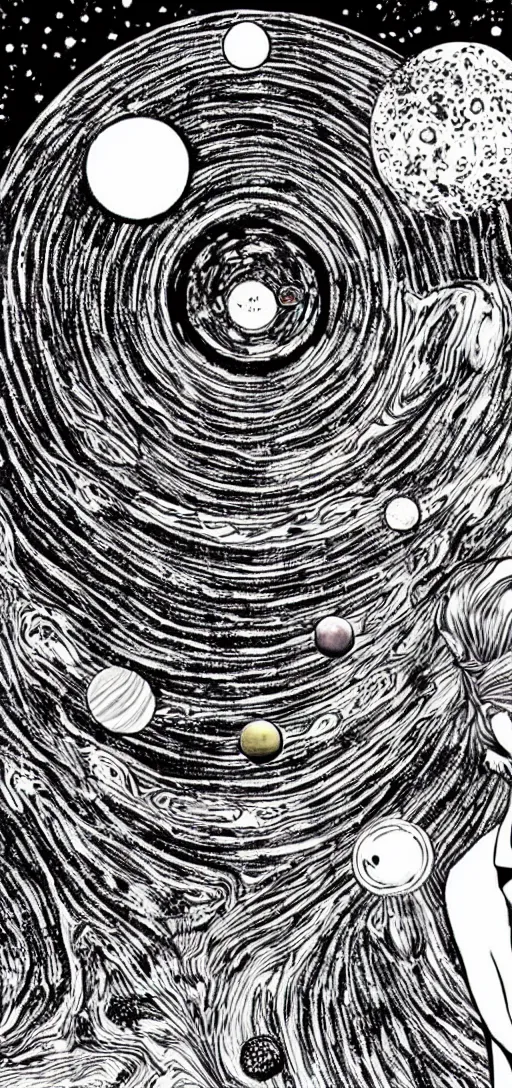 Image similar to Magnificent solar system, high detail, Junji Ito