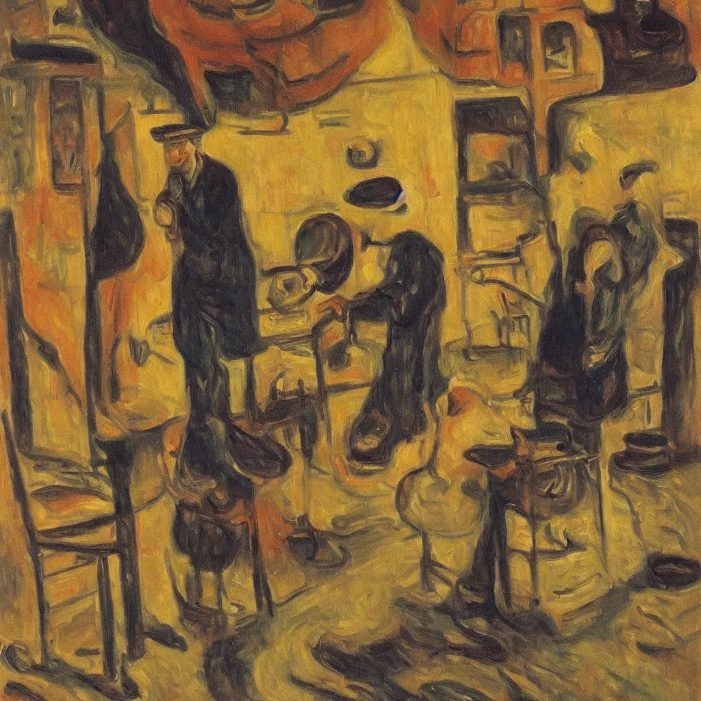 Prompt: coffee roaster in studio, oil on canvas, detailed, artwork by edvard munch