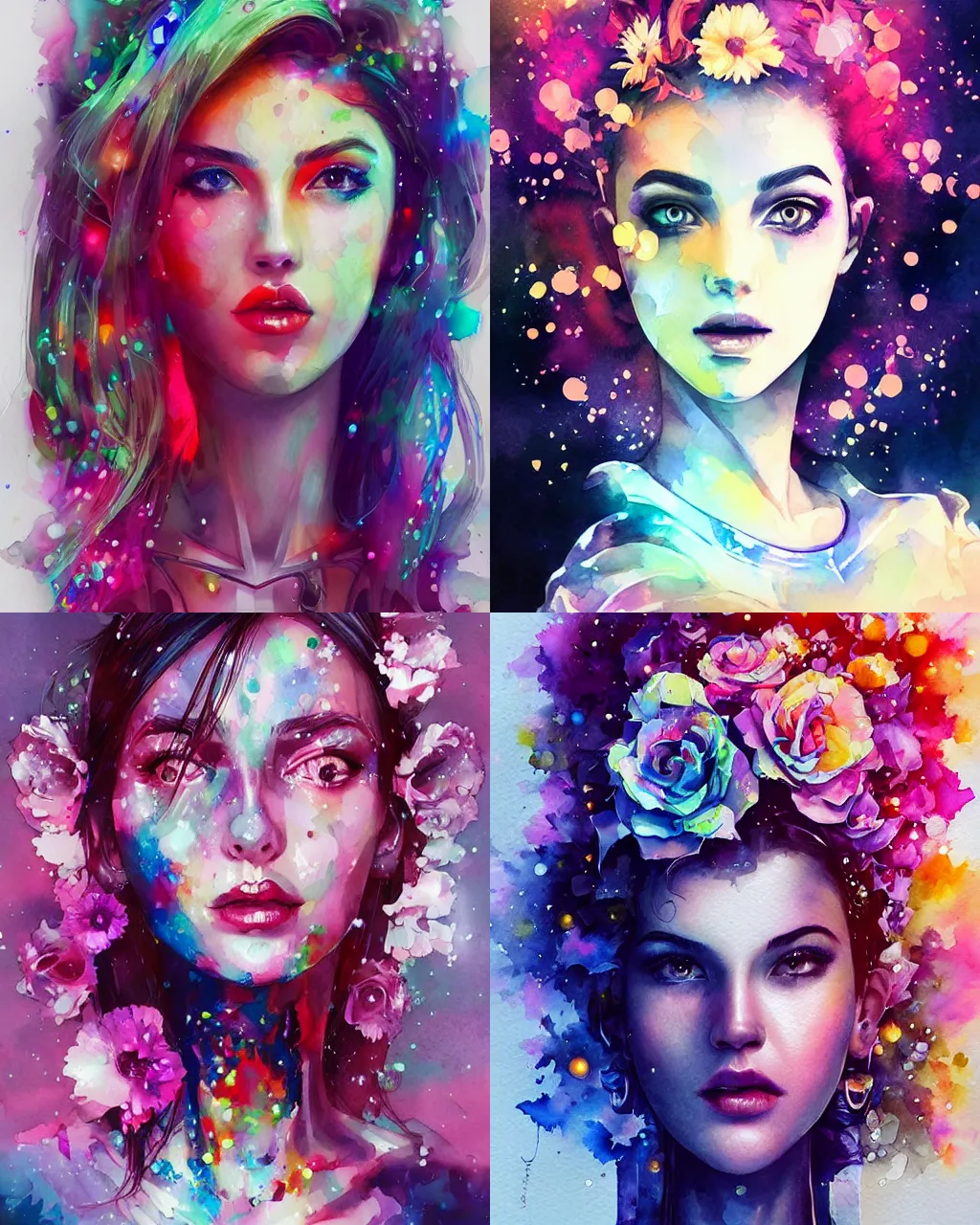 Prompt: robotic beauty watercolor flower portrait, pop fantasy art by WLOP and artgerm and alena aenami