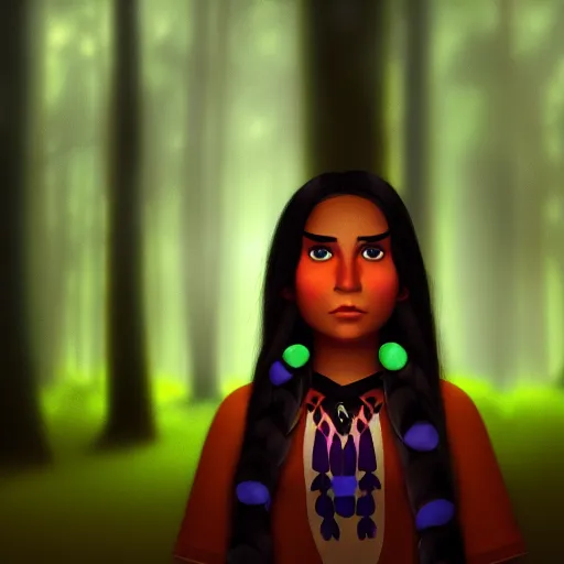 Image similar to medium shot native american girl, in a dark forest, mysterious, backlit, still from a pixar dreamworks movie, trending on artstation