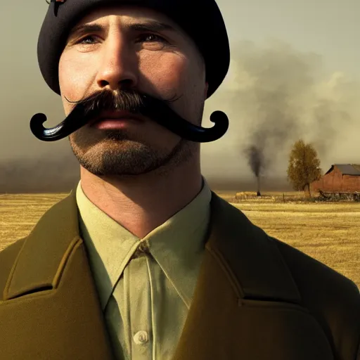 Prompt: long long shot of man with big handlebar moustache, wearing ww 1 clothes in furry black beanie on head, russian villages at background, style ivan talavera and artgerm, radiant lighting, hyper realistic, photorealistic, octane render, trending on artstation, cgsociety, cinematic light, global illumination