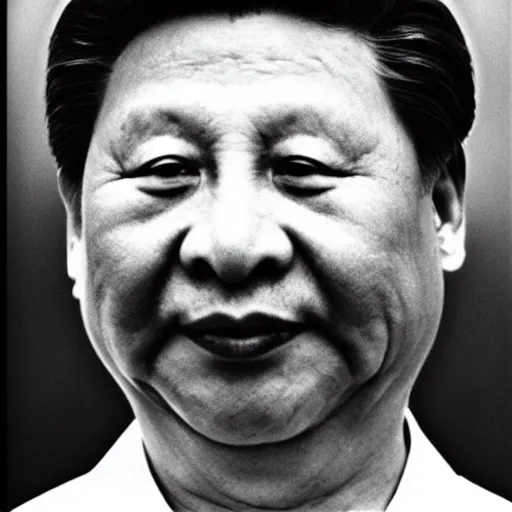 Prompt: photo of Xi Jinping by Diane Arbus, extreme closeup, black and white, high contrast, Rolleiflex, 55mm f/4 lens