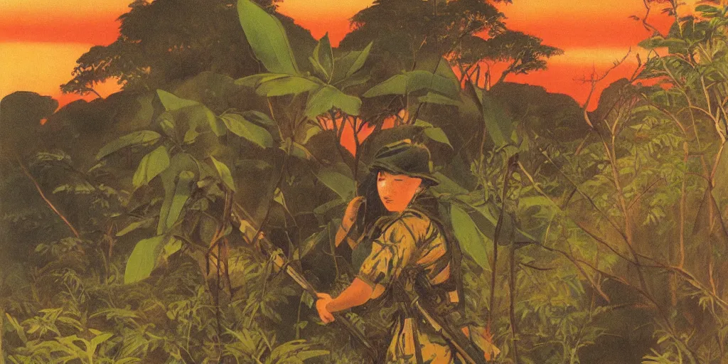 Image similar to painting of a female soldier in the rainforest at golden hour by kitano tsunetomi, 1 9 3 9