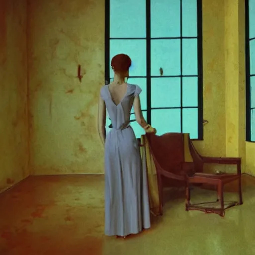 Image similar to a beautiful shiny girl in an soviet golden liminal abandoned room, film still by wes anderson, depicted by balthus, limited color palette, very intricate, art nouveau, highly detailed, lights by hopper, soft pastel colors