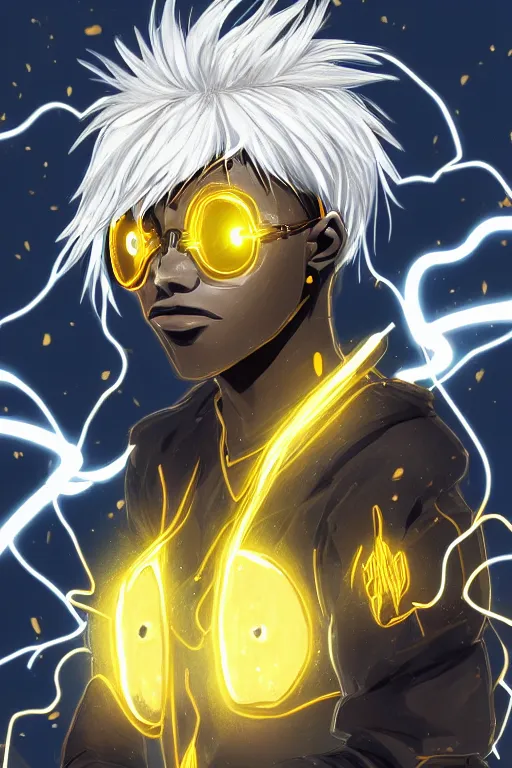 Image similar to golden glowing black male anime character, blonde hair, yellow eyes, symmetrical, highly detailed, digital art, sharp focus, trending on art station, crazy hair, electricity everywhere