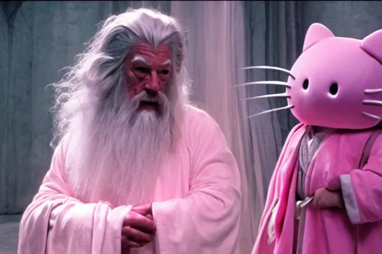 Prompt: Gandalf wearing pink Hello kitty costume, meeting regular Gandalf, dramatic lighting, movie still from Lord of the Rings, cinematic