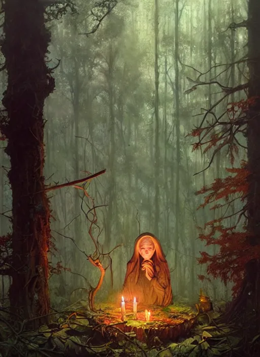 Image similar to a hyper realistic witch shrine, candles, in the woods, distant explosions, gorgeous lighting, lush forest foliage, painting by chiara bautista and tom bagshaw, mucha, beksinski and norman rockwell and greg rutkowski weta studio, and lucasfilm