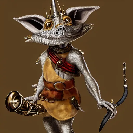 Prompt: a portrait of a friendly kobold with silver scales holding a musical horn, pathfinder kobold, fantasy character art