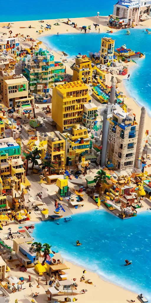 Prompt: Tel-Aviv beach, the buildings are Lego, the sand is yellow M&Ms, the sea is glitter, high-detaild, unreal engine 5, 4K UHD image