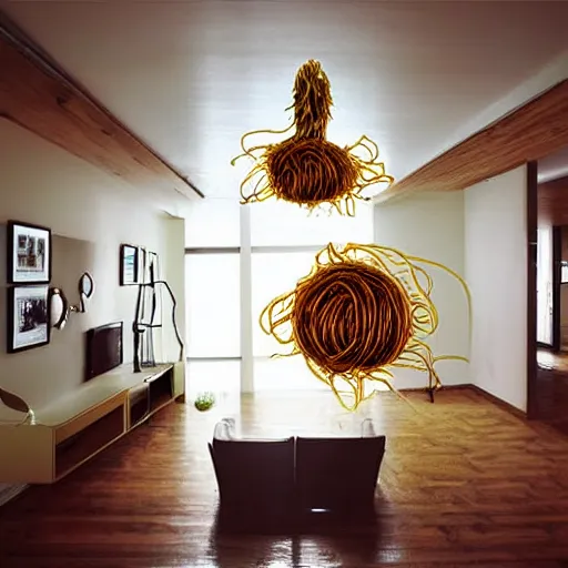 Prompt: flying spaghetti monster floating inside beautiful apartment