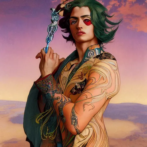 Prompt: photograph of a beautiful and androgynous half - elf with medium skin tone and messy short red hair and copper eyes with slit pupils, dressed in a colorful jodhpuri suit, dnd character, golden hour, by ross tran and gerald brom and kehinde wiley and fernando amorsolo and alphonse mucha, trending on artstation