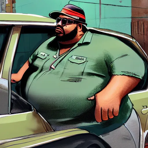 Image similar to hyper detailed digital painting of fat big smoke from gta : san andreas wearing a green fedora and green shirt in a car ordering food at a drive - thru, exaggerated expression, sunlight rays peering through, trending on artstation, intricate, smooth, sharp focus, beautiful shadows and lighting, studio quality, octane render, 8 k