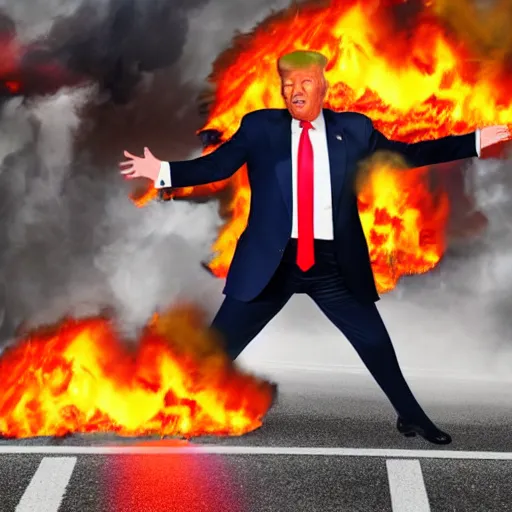 Prompt: photo realistic donald trump on fire crossing the street busy traffic no one cares