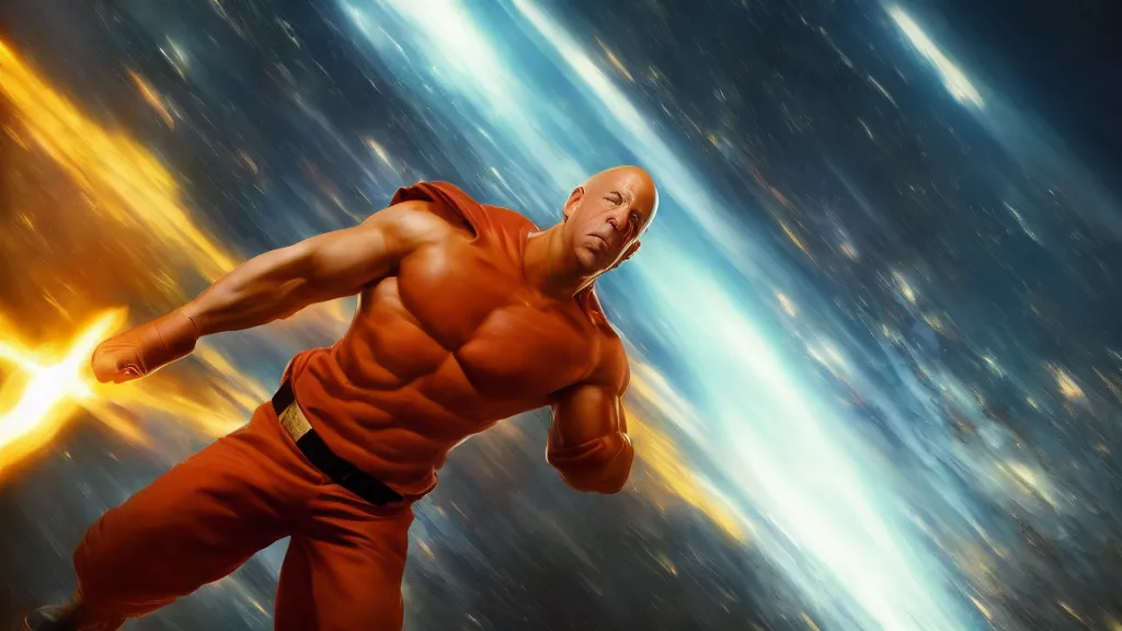 Image similar to extreme wide shot of vin diesel as saitama!!! punching!!! a car!!! into space, ultra realistic, lens flare, atmosphere, glow, detailed, intricate, full of colour, cinematic lighting, trending on artstation, 4 k, hyperrealistic, focused, extreme details, unreal engine 5, cinematic, masterpiece