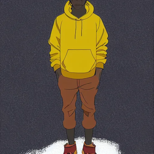 Image similar to portrait of black man wearing a yellow hoodie studio ghibli, fantasy, medium shot, asymmetrical, intricate, elegant, matte painting, illustration,