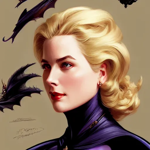 Image similar to Blonde Grace Kelly as Bat Woman, western, D&D, fantasy, intricate, elegant, highly detailed, digital painting, artstation, concept art, matte, sharp focus, illustration, art by Artgerm and Greg Rutkowski and Alphonse Mucha