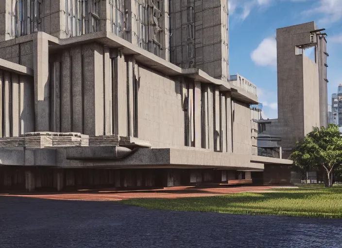 Prompt: a highly detailed brutalist frank lloyd wright building in the rocks, hyperrealism, highly detailed, intricate, cinematic, symmetrical and centered, front facing camera, sitting on a ground filled with puddles and reflections, cinematic, epic lighting, octane nvidia omniverse render in 4 k by syd meade and frederic church