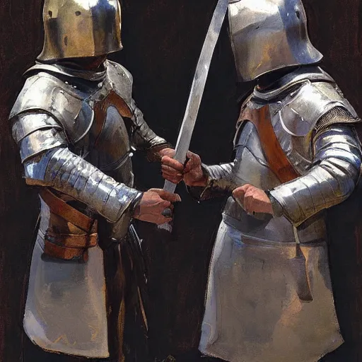 Prompt: portrait of two men wearing gambeson and medieval helmets, raised swords, fighting, detailed by greg manchess, craig mullins, bernie fuchs, walter everett