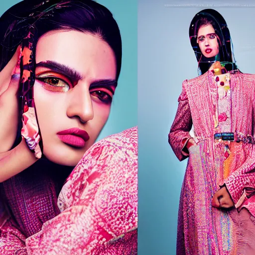 Image similar to colorful portrait photograph of a Pakistani model, editorial story, Vogue France, editorial photographer by Peter Gehrke