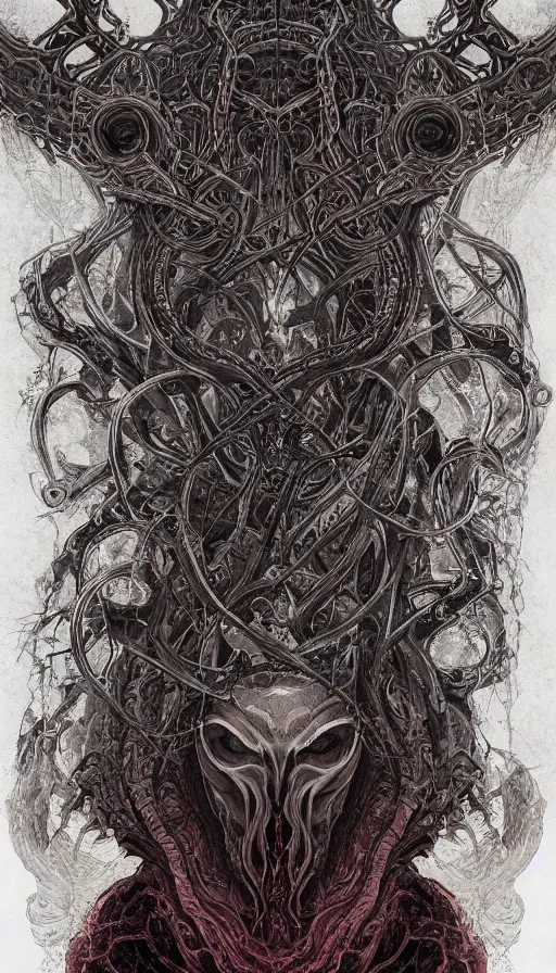 Prompt: Elden Ring and Doom themed painting of beautiful eldritch symmetrical face mask pattern concept, infinity glyph, intricate artwork by, Johnatan Wayshak, Zdizslaw Beksinski, Ayami Kojima, Amano, Karol Bak, Darius Zawadzki, and Mark Brooks, Neo-Gothic, gothic, rich deep colors, art by Takato Yamamoto, masterpiece, face by Artgerm, H.R. Giger, very coherent artwork, cinematic, hyper realism, high detail, octane render, unreal engine, 8k, High contrast, golden ratio, trending on cgsociety, ultra high quality model, production quality cinema model