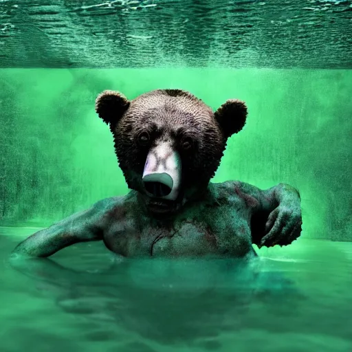 Image similar to zombie bear swimming in a toxic green pool of liquid, photo image by national geographic + realistic horror