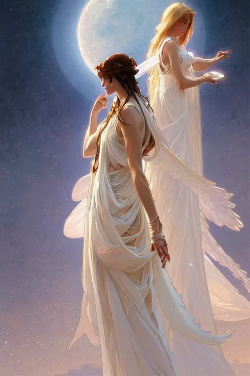 Image similar to Angels in white gauze dresses, the glow of the moonlight, fantasy, intricate, elegant, highly detailed, digital painting, artstation, concept art, matte, sharp focus, illustration, art by Artgerm and Greg Rutkowski and Alphonse Mucha