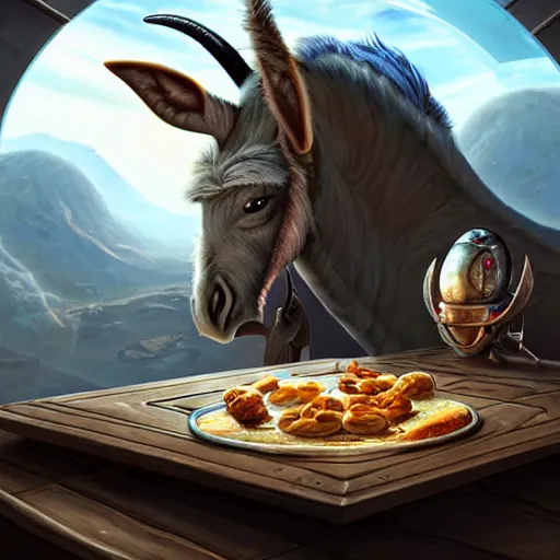 Prompt: ultrarealistic, ultradetailed, battle donkey eating breakfast, sitting on a futuristic table with aliens, at the end of the universe, very very very ultradetailed, epic fantasy style art, fantasy epic digital art, epic fantasy art, hearthstone style art