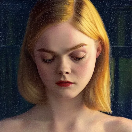 Image similar to Elle Fanning portrait at night in the world of Edward Hopper, stormy weather outside, extremely detailed masterpiece, oil on canvas, low-key neon lighting, artstation, Blade Runner 2049, Roger Deakin’s cinematography, by J. C. Leyendecker and Peter Paul Rubens,