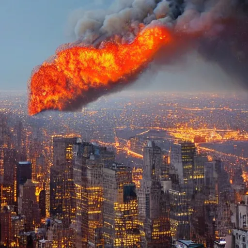 Prompt: a photograph photo of new york city being scorched by holy fire from the sky and meteors, new york city being obliterated by explosions