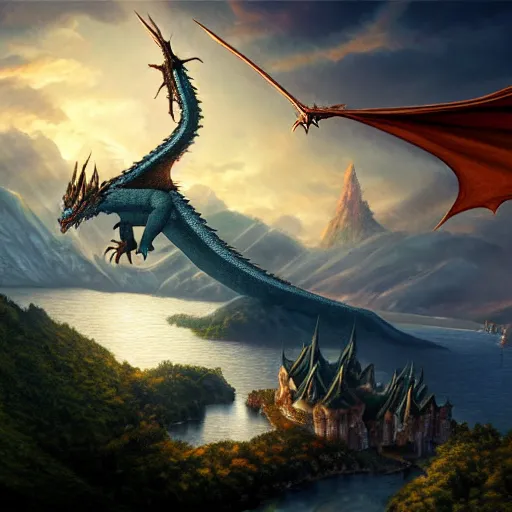 Prompt: the dragon smaug flying over lake town from the hobbit highly detailed, digital painting, concept art, sharp focus, by makoto shinkai