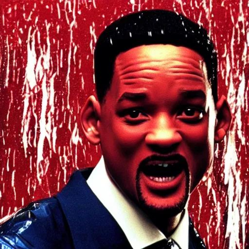 Image similar to Will Smith in American Psycho wearing a transparent raincoat with dark red splashes of paint, 4k