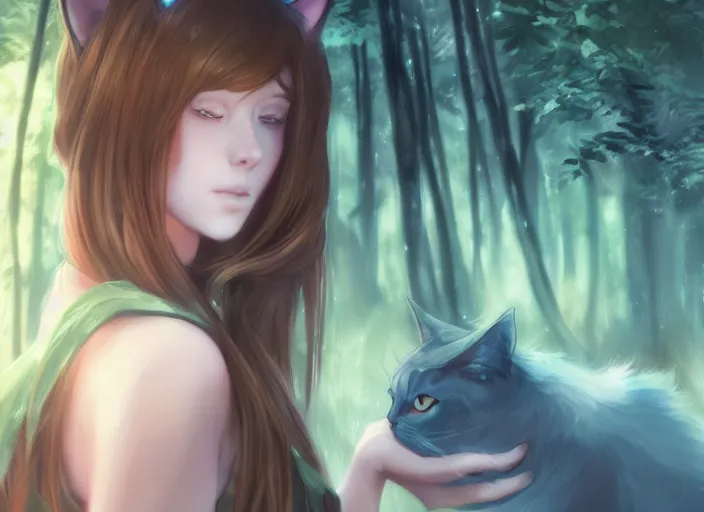 Prompt: female mage with cat ears in a forest, detailed attractive face, fantasy art, anime style, by charlie bowater, by makoto shinkai, by studio ghibli, atmospheric, digital art, 4 k film still, close up portrait