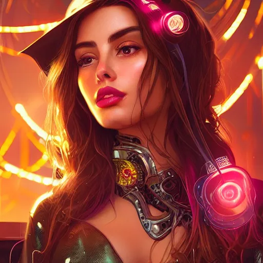 Image similar to sofia vergara portrait futuristic ana de armas cyberpunk cowgirl, neon light rooftop, fantasy, intricate and very very beautiful and elegant, highly detailed, digital painting, artstation, concept art, smooth and sharp focus, tight fit, illustration, art by tan zi and ayanamikodon and alphonse mucha and wlop