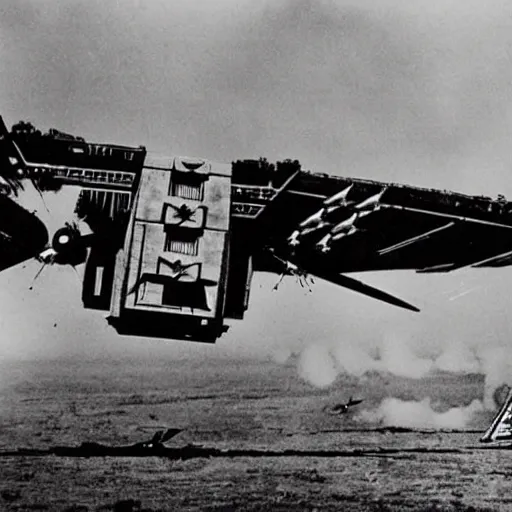 Image similar to an old ww2 photograph of star wars TIE fighters, AT-AT, WW2 planes fighting