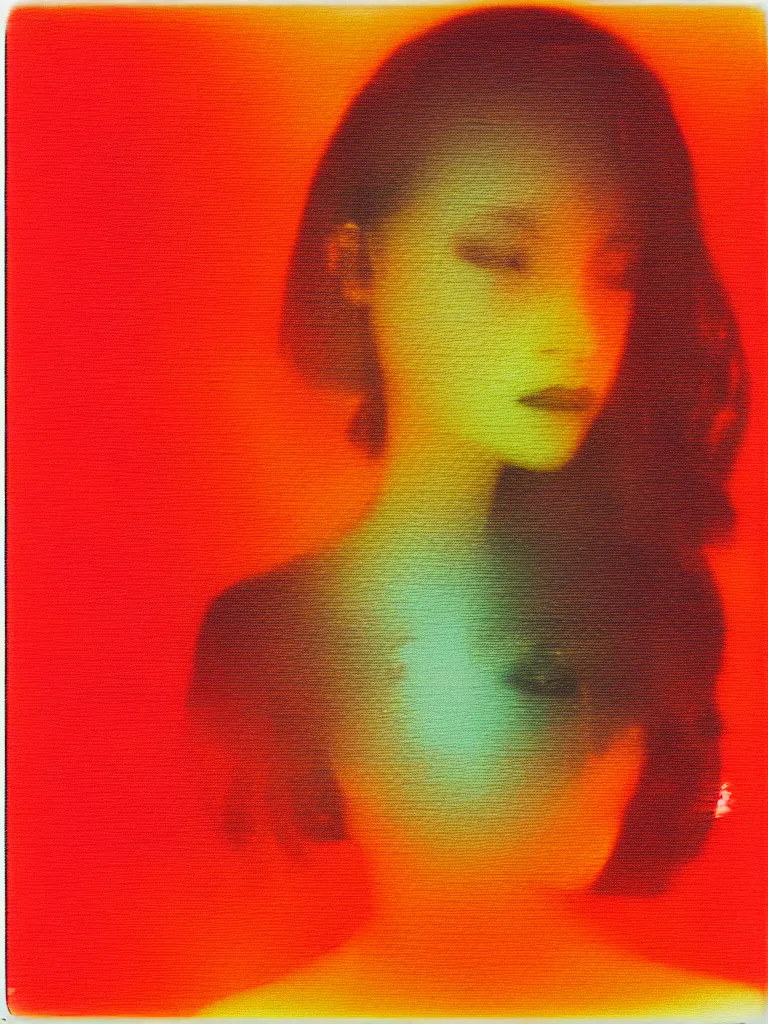 Image similar to a woman's face in the water, serene emotion, new polaroid, glitchy patterns, hazy, red, orange, yellow, soft lighting