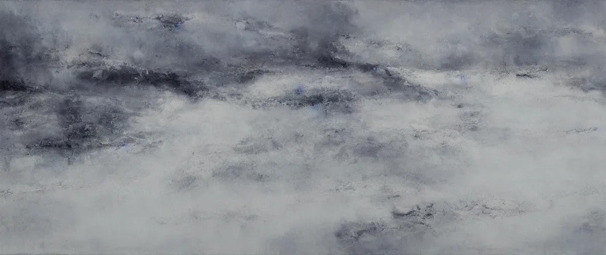 Prompt: magnificent snowfield in winter, severely snowing, abstract, multiple levels of white and gray, oil painting, by Zao Wou-Ki