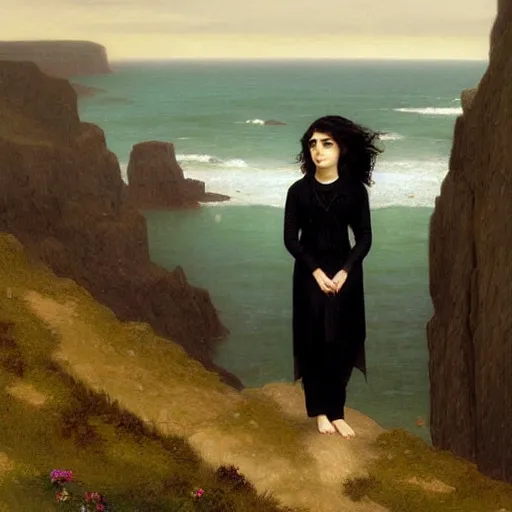 Image similar to 1 7 - year - old pale - skinned persian girl with black long bob cut, long bangs, black gothic jacket, black jeans, psychic girl, standing on cliff along the irish coast, overcast gray skies, ultra - realistic, sharp details, cold lighting, intricate details, art by william - adolphe bouguereau