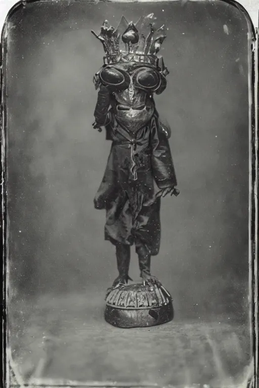 Prompt: a wet plate photo of an anthropomorphic newt king