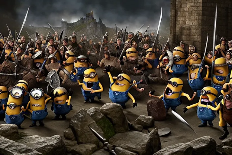 Image similar to diorama of minions fighting orcs in the battle of helm's deep, giant castle walls, realistic, 4 k, detailed, atmospheric, cinematic lighting