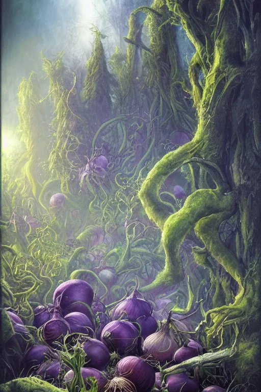 Prompt: the onions of the forest heath,art by Rodney Matthews,trending on artstation, toxic lighting high angle view,film poster,world of warcraft ,hyperrealism ,impressionism ,final,