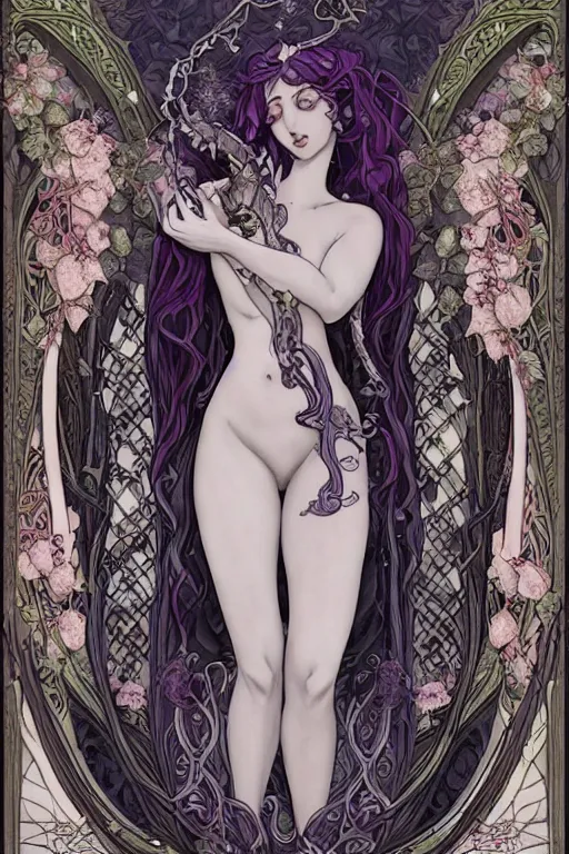 Image similar to Art Nouveau Lilith, Queen of the moon and serpents, Lush Garden Leaves and Flowers, Sensual glowing white Angelic occult esoteric woman in a manga cover style, full body image centered in frame, headshot, D&D, fantasy, highly detailed, digital painting, artstation, concept art, sharp focus, illustration, art by artgerm and greg rutkowski and alphonse mucha