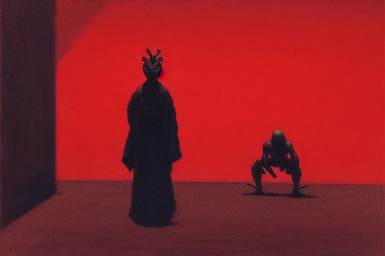 Image similar to only with red, a red samurai do seppuku, tokio, a lot of frogs watch, in the style of beksinski, parts by edward hopper, parts by rodcenko, parts by yue minjun, intricate and epic composition, red by caravaggio, insanely quality, highly detailed, masterpiece, red light, artstation, 4 k